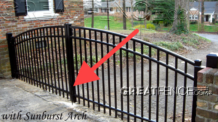 Arched aluminum driveway gate with drop rod
