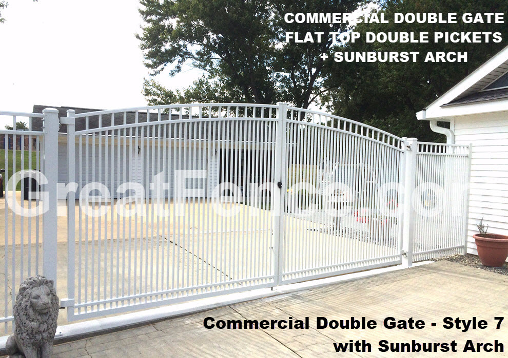 Commercial Double Gate - Flat Top Double Pickets + Sunburst Arch - WHITE