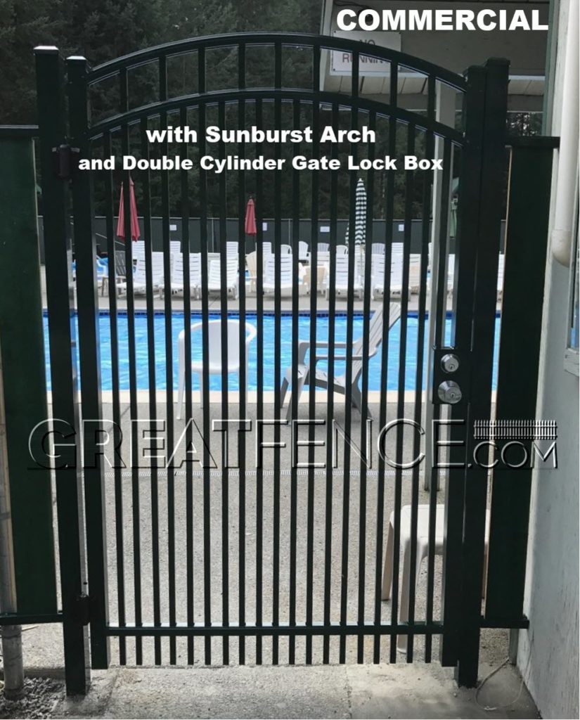 Commercial Single Gate - Flat Top Double Pickets + Sunburst Arch