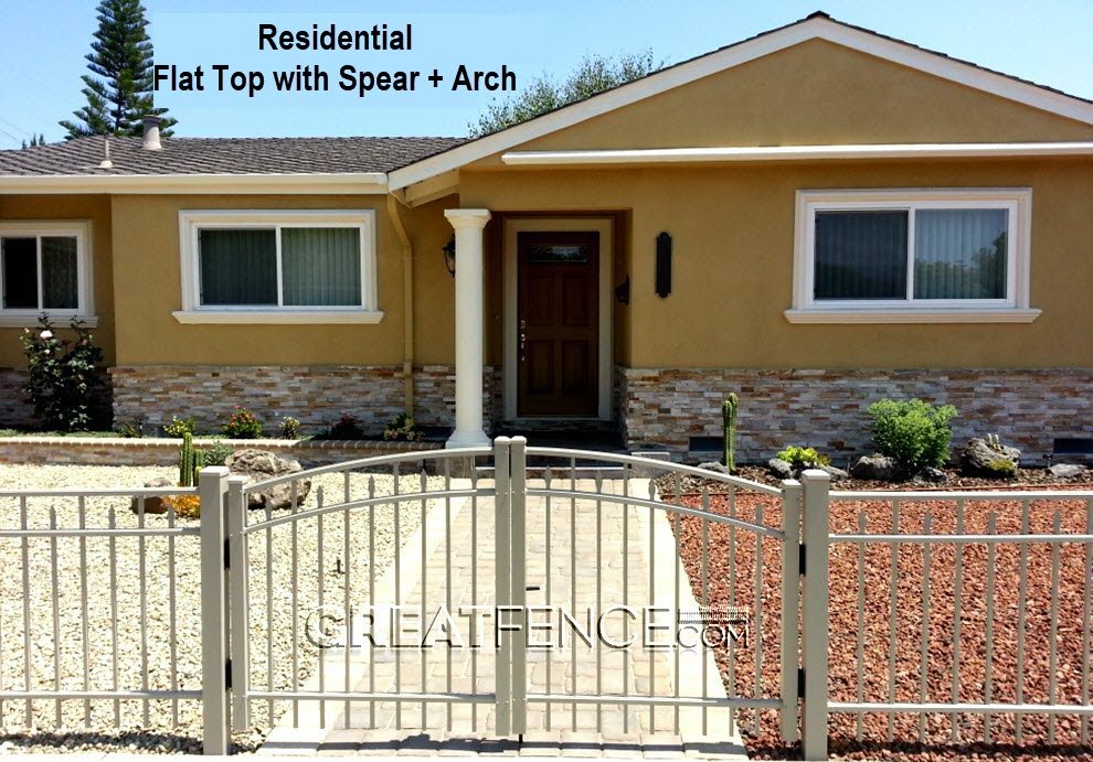 Residential Double Gate - Style 3 - Flat Top with Spear - Khaki + Sunburst Arch