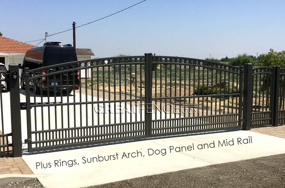 Industrial Driveway Gate with Sunburst Arch, Mid Rail, Rings and Flat Top Puppy Pickets