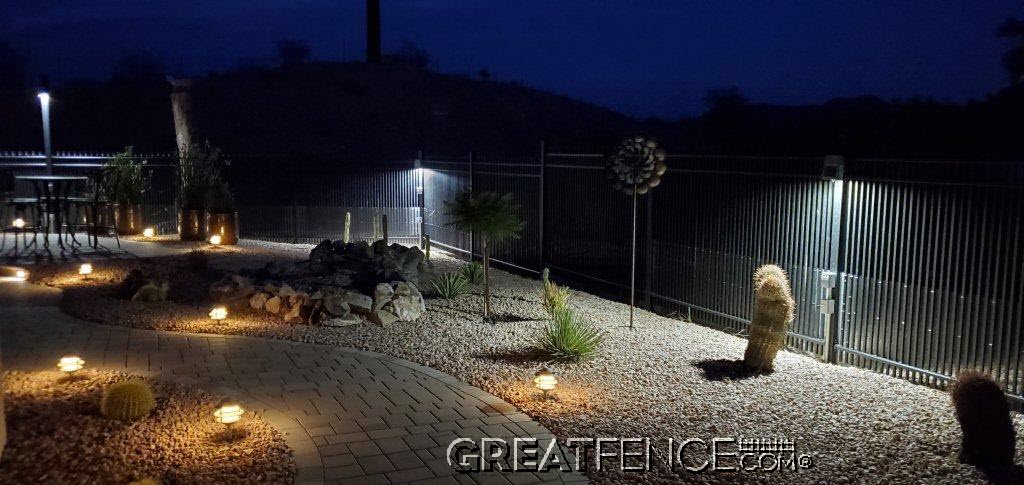 Commercial Style 8 - Spear Top Double Pickets - GreatFence - Night Photo