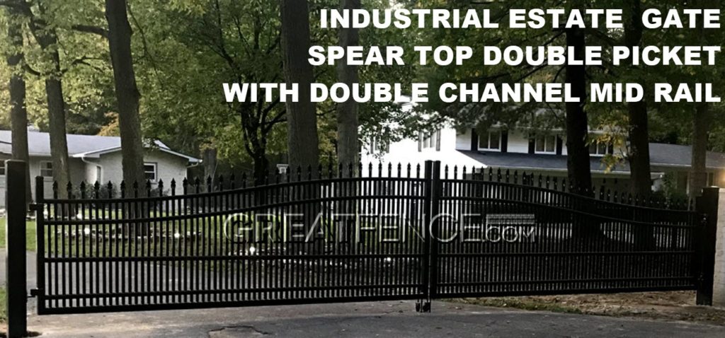 Industrial Estate Gate - Style 8 - Spear Top Double Pickets with double channel mid rail added